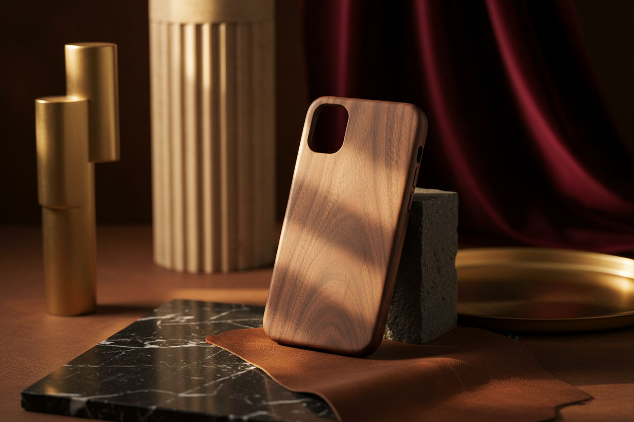 Wooden phone case with luxurious background 